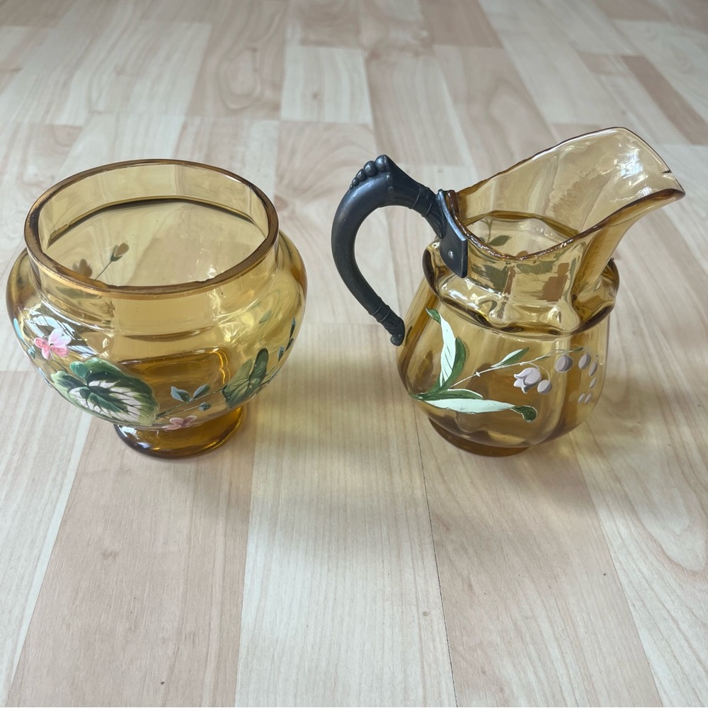 Amber Czech Bohemian Hand-Painted Glass Creamer and Sugar Bowl Set